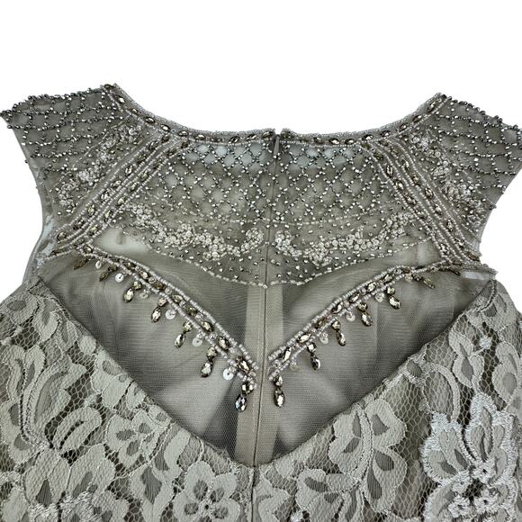 Cameron Blake Beige Neutral Full Length Lace Gown With Beaded Detail Women's 4 - Picture 7 of 13